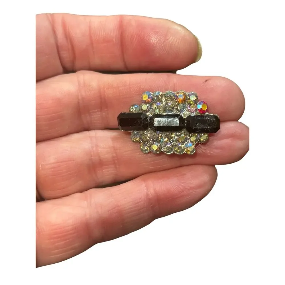 Vintage Aurora Borealis Rhinestone Bar Brooch Black Glass Atomic Mid Century